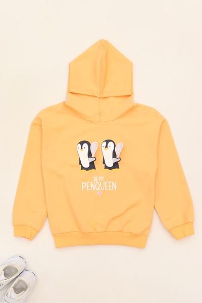 2 İp Penguen Baskılı 3-7 Yaş Kapüşonlu Sweatshirt Turuncu - 625503.1576.