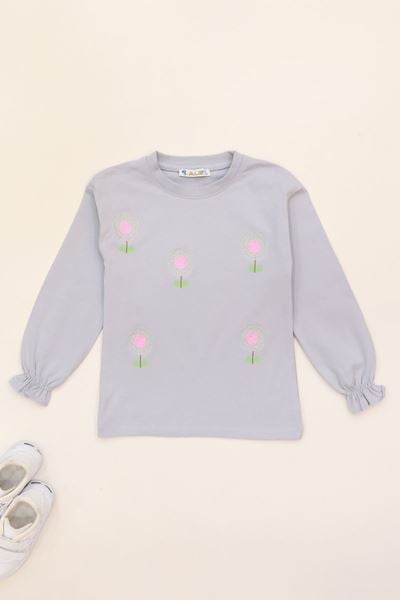 6-9 Yaş Kız Çocuk Çiçek Nakışlı Sweat Gri - 6264158.1576.