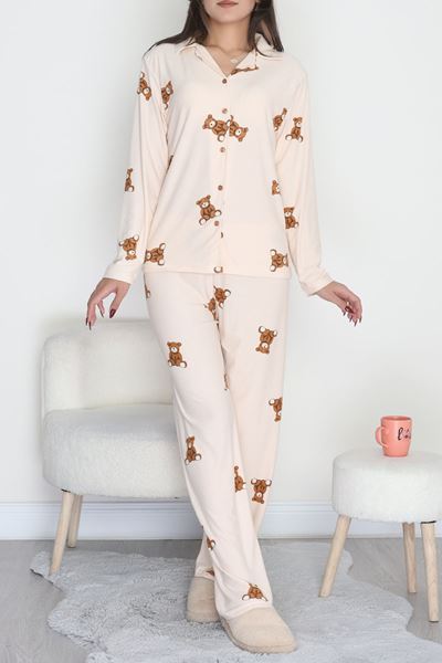 Düğmeli Süet Pijama Takımı Bejkahve1 - 450.1287.