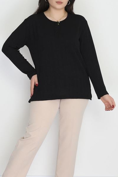 Burgu Kumaş Bisiklet Yaka Büyük Beden Bluz Siyah - 70756.1954.