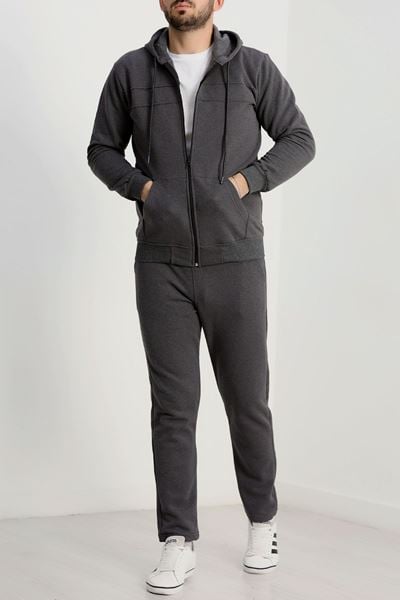 Şardonlu Pike Kapşonlu Erkek Eşofman Takımı Antrasit - 42215.1937.