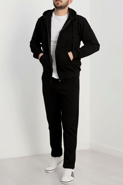 Şardonlu Pike Kapşonlu Erkek Eşofman Takımı Siyah - 42215.1937.