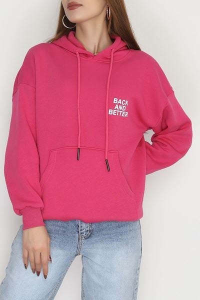 3 İplik Kanguru Cepli Kapşonlu Sweat Fuşyabeyaz - 42257.1878.