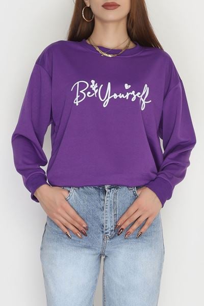 2 İplik Baskılı Sweatshirt Mor - 31299.1878.