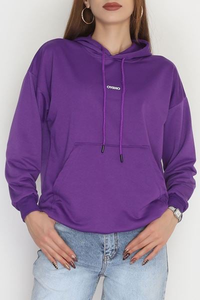 2 İplik Kapşonlu Baskılı Sweatshirt Mor - 31316.1878.