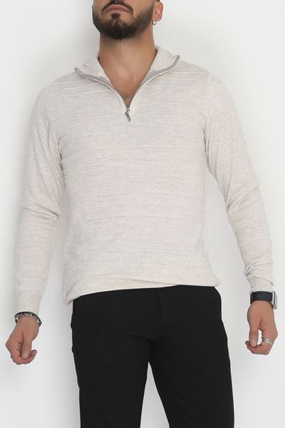 Yakası Fermuarlı Erkek Triko Taş - 2550.2052.