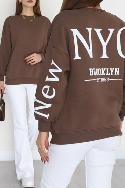 3 İplik Şardonlu Oversize Sweat Kahve - 50922.1878.