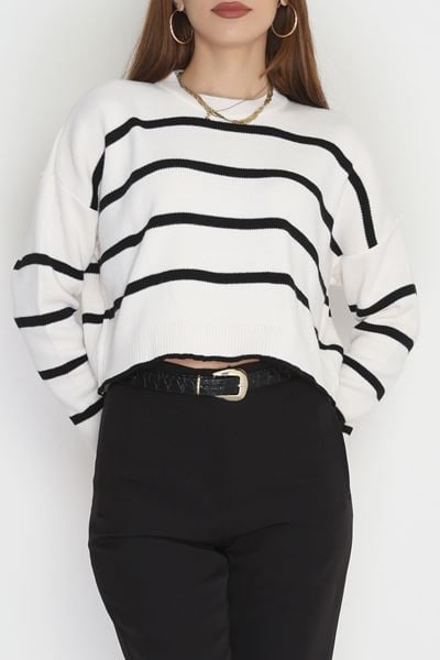 Çizgili Crop Triko Lattesiyah - 3100.1577.
