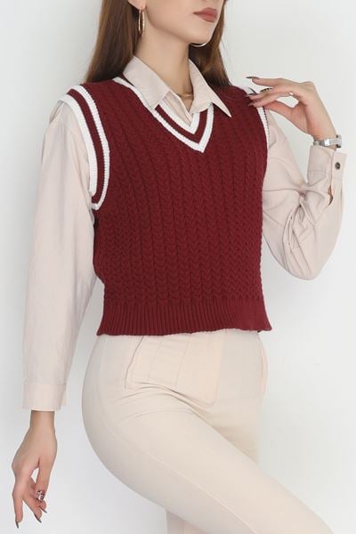 V Yaka Triko Süveter Bordolatte - 493.1577.