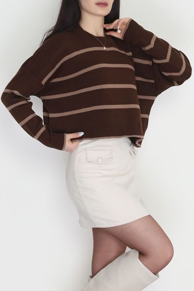 Çizgili Crop Triko Kahvemocha - 3100.1577.