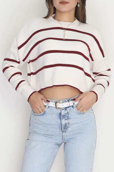 Çizgili Crop Triko Lattebordo - 3100.1577.