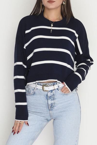Çizgili Crop Triko Lacivertlatte - 3100.1577.