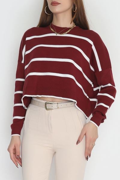 Çizgili Crop Triko Bordolatte - 3100.1577.