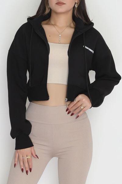 3 İplik Şardonlu Fermuarlı Sweat Siyah - 42501.1878.