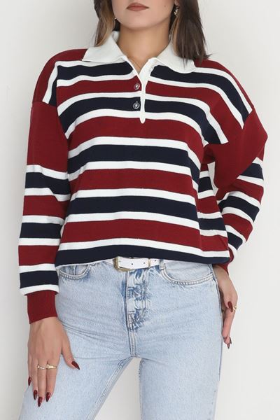 Çizgili Polo Yaka Triko Bordo - 70870.1765.
