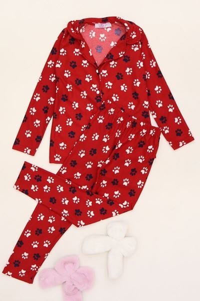 5-12 Yaş Süet Düğmeli Pijama Takımı Kırmızı - 50760.1048.