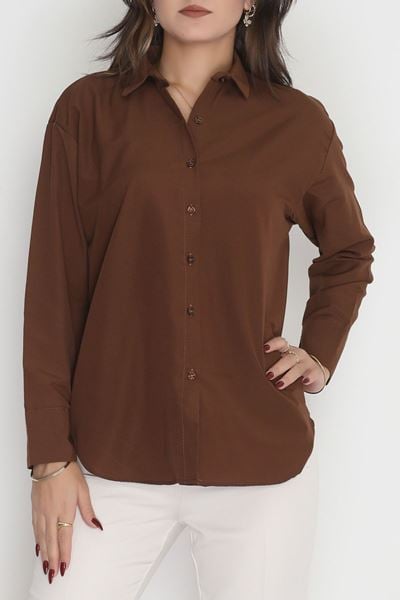 Çift Düğme Manşetli Terikoton Gömlek Kahve - 90157.1949.