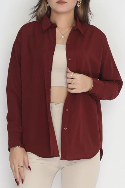 Çift Düğme Manşetli Terikoton Gömlek Bordo - 90157.1949.