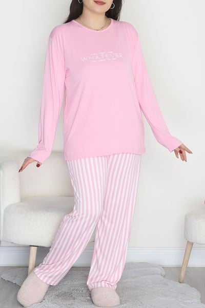 Şardonlu Milan Büyük Beden Pijama Takımı Pembeçizgili - 665.1287.