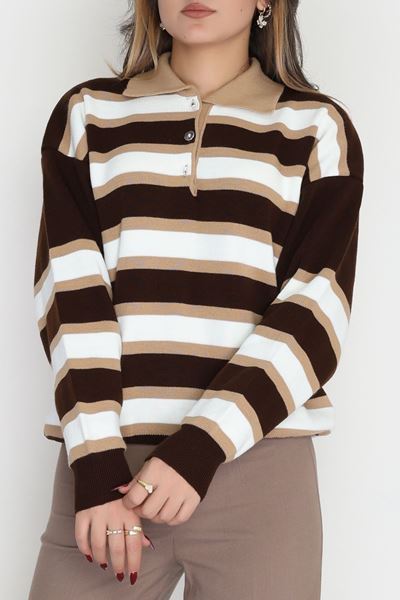 Çizgili Polo Yaka Triko Kahveekru - 70870.1765.