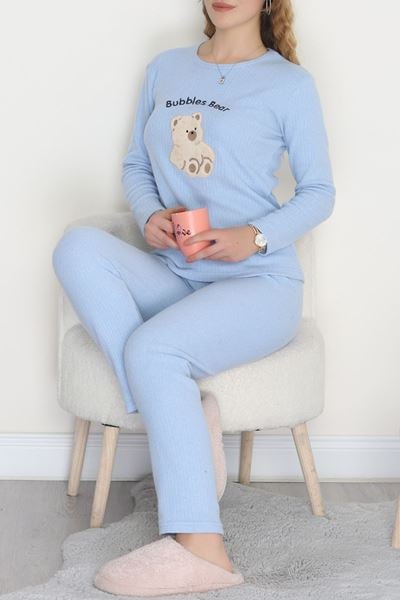 Nakışlı İnterlok Pijama Takımı Maviayı - 800.1287.