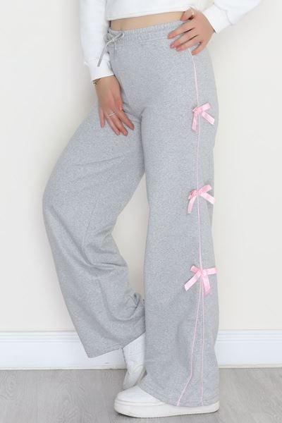 Özel Tasarım Biyeli Kurdeleli İki İplik Eşofman Altı Gri - 70192.1857.