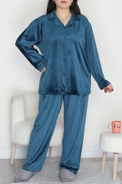 Büyük Beden Likralı Fransız Kadife Pijama Takımı Zümrüt - 42067.1049.
