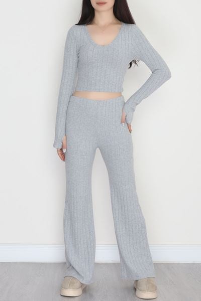 Parmak Geçmeli V Yaka İspanyol Pantolon Crop Takım Gri - 90960.1748.