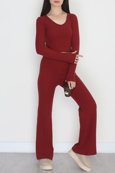 Parmak Geçmeli V Yaka İspanyol Pantolon Crop Takım Bordo - 90960.1748.