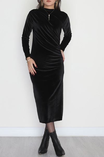 Drapeli İthal Kadife Elbise Siyah - 42583.1949.