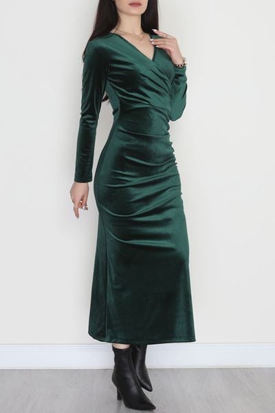 V Yaka İthal Kadife Elbise Zümrüt - 42578.1949.