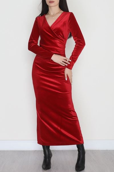 V Yaka İthal Kadife Elbise Bordo - 42578.1949.