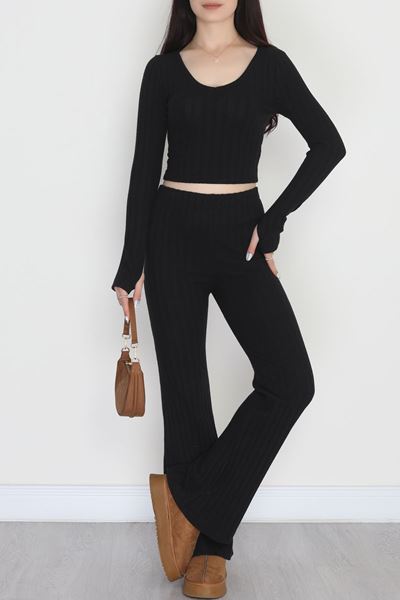 Parmak Geçmeli V Yaka İspanyol Pantolon Crop Takım Siyah - 90960.1748.