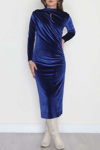 Drapeli İthal Kadife Elbise Saks - 42583.1949.