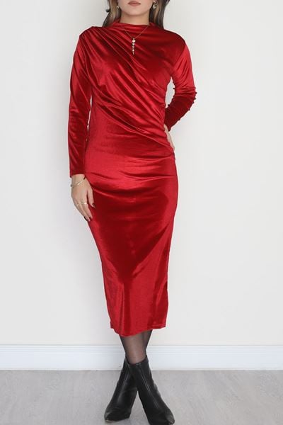 Drapeli İthal Kadife Elbise Bordo - 42583.1949.