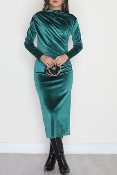 Drapeli İthal Kadife Elbise Zümrüt - 42583.1949.