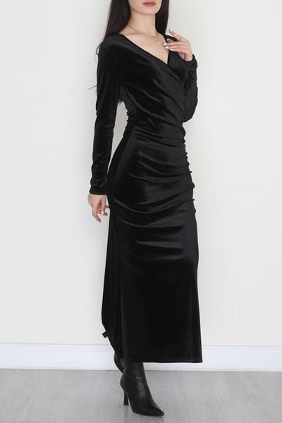 V Yaka İthal Kadife Elbise Siyah - 42578.1949.