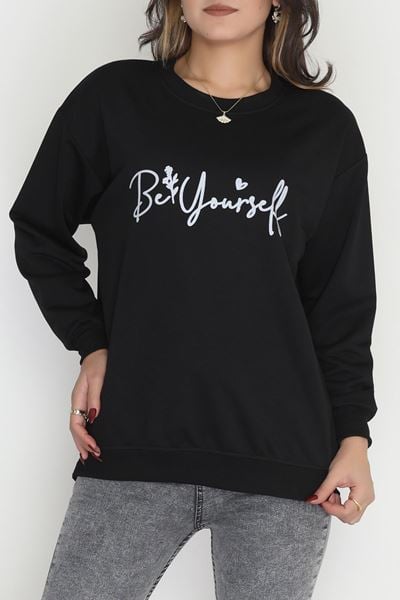 2 İplik Baskılı Sweatshirt Siyahekru - 31299.1878.