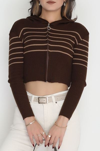 Kapşonlu Çizgili Triko Kahve - 42468.2043.