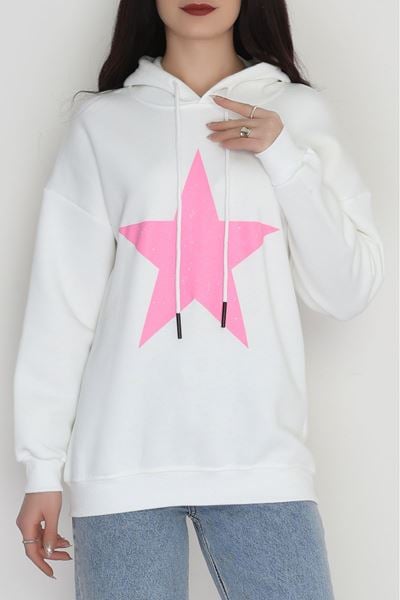 3 İplik Kapşonlu Baskılı Sweat Ekrupembe - 42225.1878.