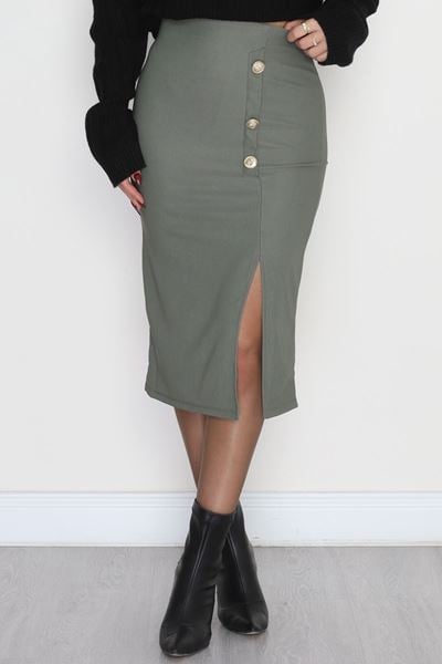 Ottoman Kumaş Düğme Detaylı Kalem Etek Haki - 51046.1223.