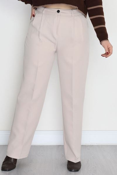 Pileli Double Kumaş Büyük Beden Pantolon Bej - 90057.1920.