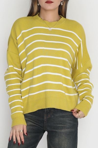 Çizgili Bisiklet Yaka Triko Yağyeşilibeyaz - 3099.1577.