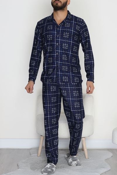 Düğmeli Süet Erkek Pijama Takımı Lacivert - 42641.1951.