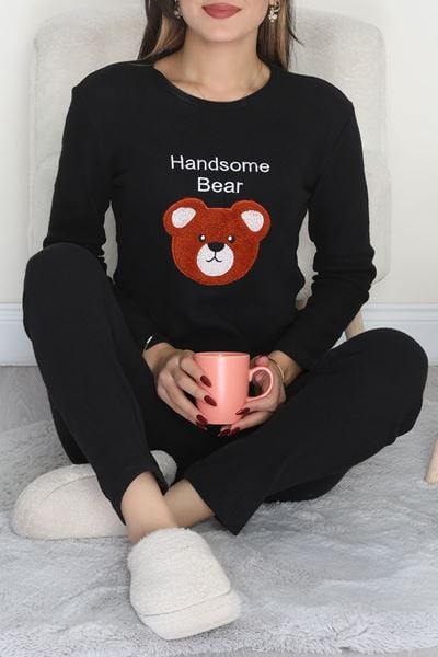 Nakışlı İnterlok Pijama Takımı Siyahoranj - 800.1287.