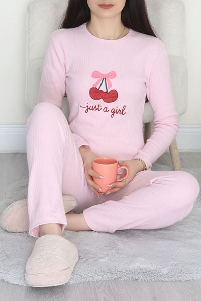 Nakışlı İnterlok Pijama Takımı Pembe - 800.1287.