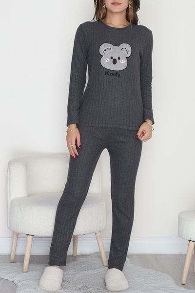 Nakışlı İnterlok Pijama Takımı Füme - 800.1287.