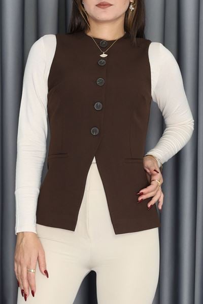 Quzu Düğmeli V Kesim Kolsuz Yelek Kahve - 90171.2002.