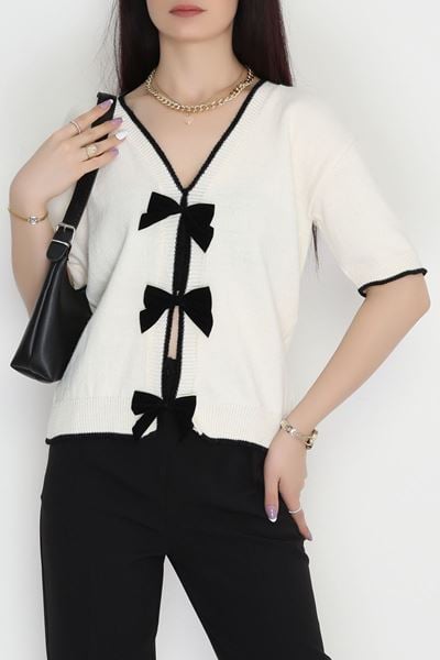 Kısa Kollu Fiyonklu Triko Ekru - 2281.1765.