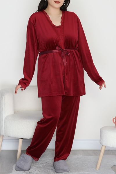 Fransız Kadife Battal Pijama Takımı Bordo - 175.1287.